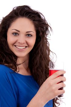 beautiful smiling brunette woman is drinking red juice isolated on white