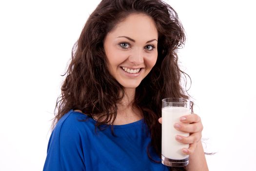 beautiful smiling woman is drinking milk isolated on white background