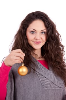 beautiful brunette smiling woman with christmas decoration in winter isolated on white