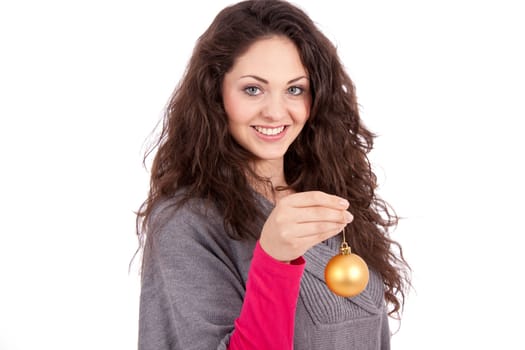 beautiful brunette smiling woman with christmas decoration in winter isolated on white