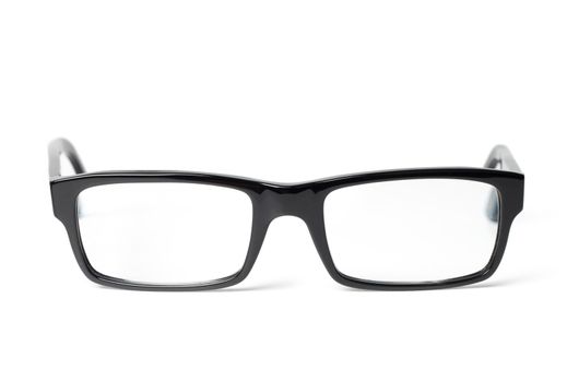 Classic black eye glasses front, isolated on white background