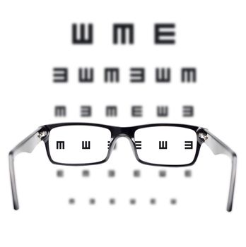 Sight test seen through eye glasses, white background isolated