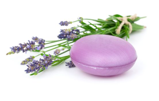 Lavender soap and lavender flower, isolated on white background