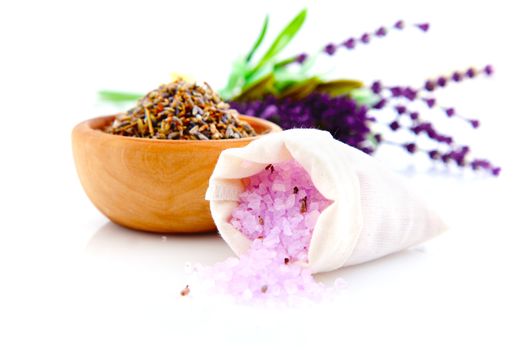 Lavender and bath salt, isolated on white background