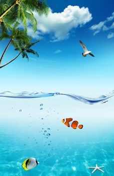 Ocean and tropical fishes with palm trees and seagull