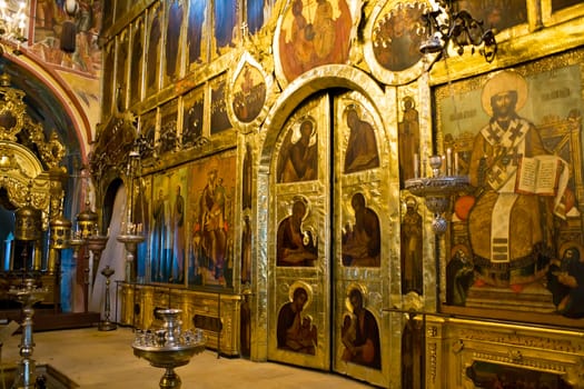 Saint icons inside of the church in Suzdal, Russia