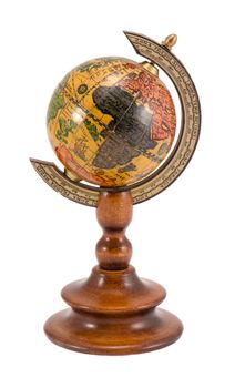 Europe and Africa view on wooden globe map isolated on white background.