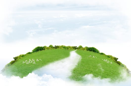 Green world in the sky: grassland with flower and trees among the clouds in the blue sky. Concept illustration