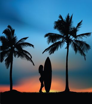 Surf paradise and tropical sunset