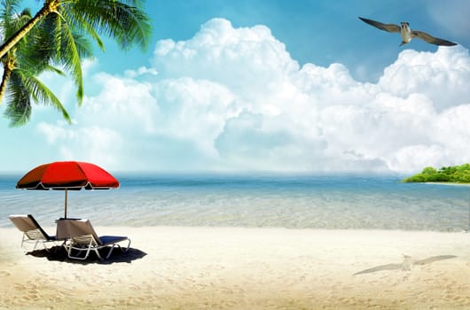 Tropical island: ocean sea and tropical beach with palm, beach umbrella and deck chair