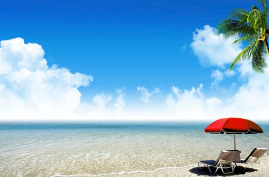 Tropical Paradise: ocean sea and tropical beach with palm, beach umbrella and deck chair