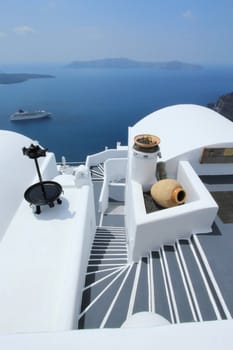 View on Aegean sea, islands and volcano from accomodation on Santorini, Greece, by beautiful weather