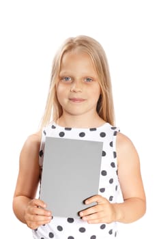 Young beautiful girl holding blank gray card isolated on white