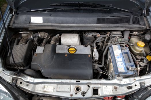 open car hood and old turbo diesel engine