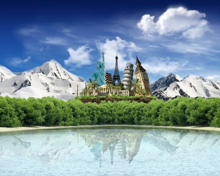 World landmarks among the mountains with snow with woods and lake