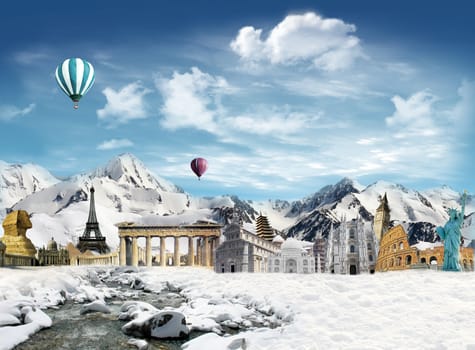 World landmarks in the snowfield with stream and mountains with hot air balloons flying in the sky in the background