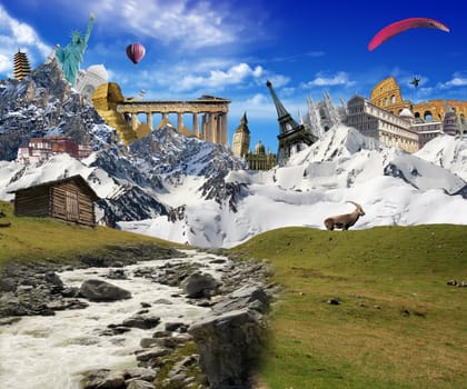 World landmarks in the mountain landscape with stream, mountains with snow and hot air balloon and paragliding flying in the blue sky