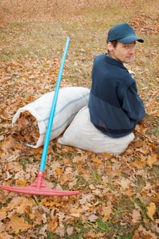 A man collects in the autumn  in a grove of leaves