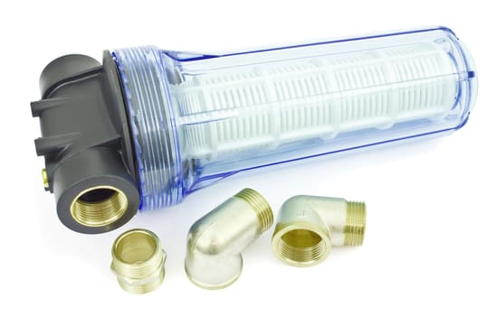 Filter for water with a transparent housing on a white background