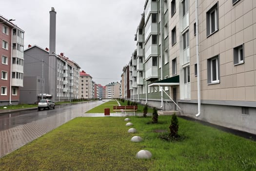 View of the city street in the rain