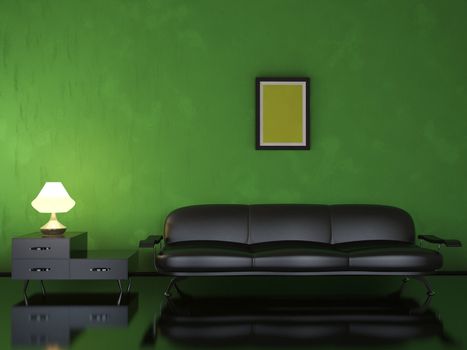 Interior of a room with a leather black sofa