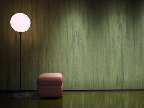 Interior with a floor lamp and a padded stool