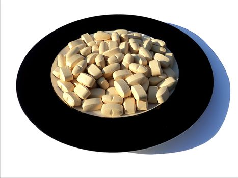    The general form of amino acid sports nutrition on a white plate with black rim                            