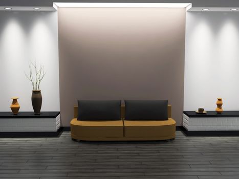 Interior of a room with a sofa and vases