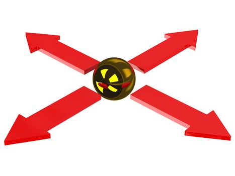 Gold sphere and four red arrows on a white background