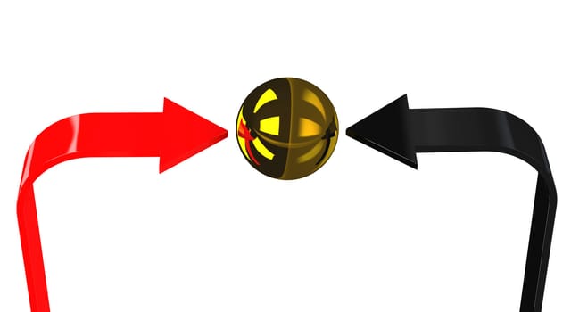 Red and black arrows specify in a gold sphere