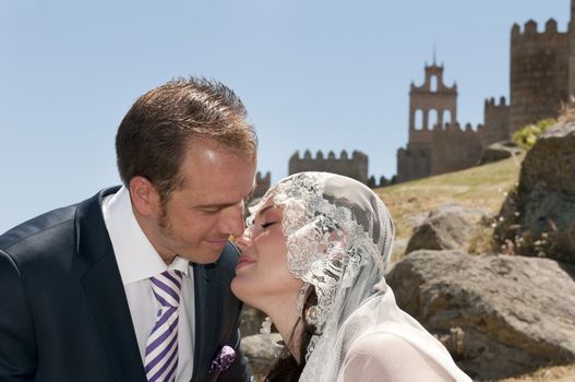 Beautiful bride and loving groom on their wedding day