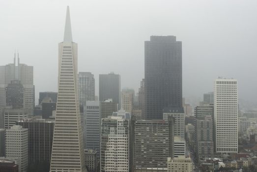 A foggy and rainy day in downtown San francisco