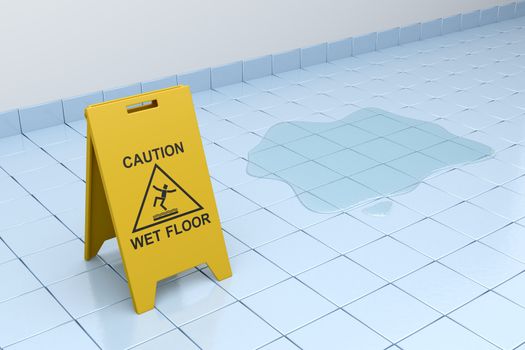 Wet floor sign on tiled floor