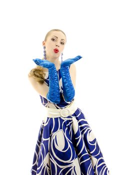 Woman in retro style sending air kiss. Isolated on white.