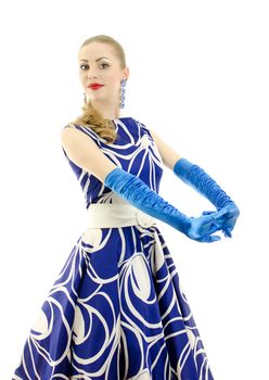 Woman in retro style posing. Isolated over white background.