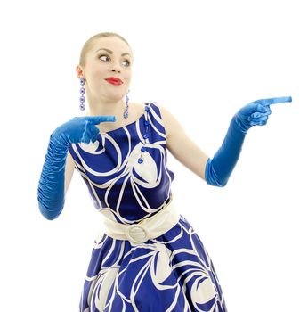 Woman in retro style pointing to the right. Isolated over white background.