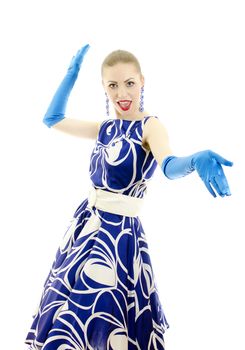 Woman in retro style having fun.  Isolated over white background.