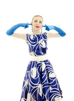 Woman in retro style, closed ears by hand. Isolated over white background.