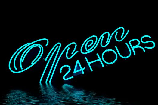 open bar restaurant 24 hours blue neon sign with water reflection