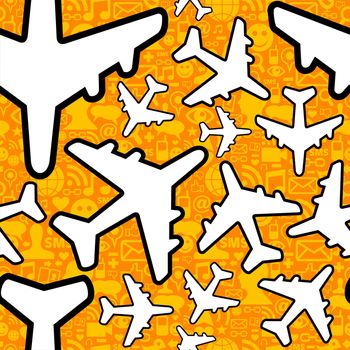 Social media networking in travel business. Airplane symbol pattern over icon set seamless pattern background. Vector file layered for easy manipulation and custom coloring.