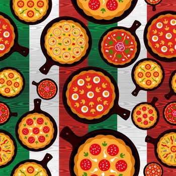 Different Pizza flavors seamless pattern over wooden textured Italian flag background. Vector file layered for easy manipulation and custom coloring.