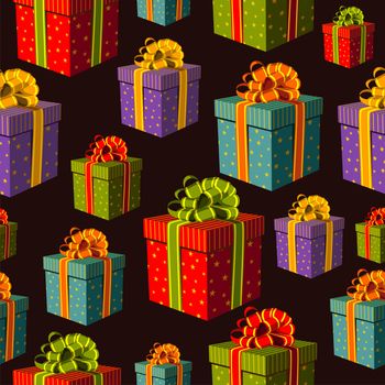Colorful gift boxes with important ribbons pattern on black background. Vector file layered for easy manipulation and custom coloring.