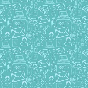 Social media cartoon icons seamless pattern over sky blue background. Vector file layered for easy manipulation and custom coloring.