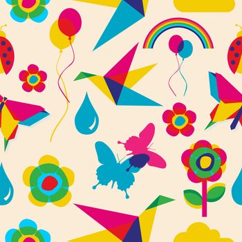 Colorfull spring summer origami seamless pattern. Vector file layered for easy manipulation and custom coloring.
