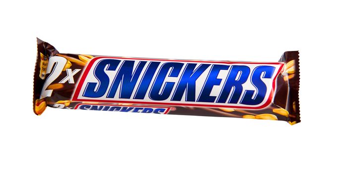 Snickers candy bar isolated on the white background