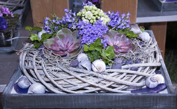 pink purple flower arangement with sedum and green leaves