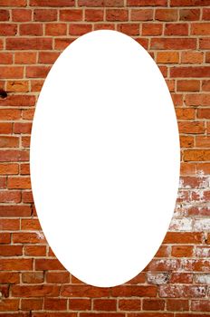 Fragment of old squared red brick wall. Isolated white oval place for text photograph image in center of frame.