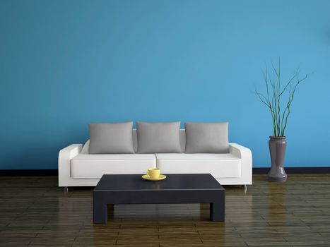 Interior with a white sofa and a black table