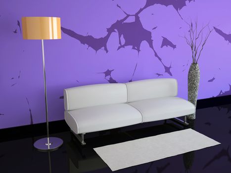 Room with violet walls and an orange floor lamp