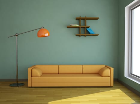 Interior with a yellow sofa and a lamp